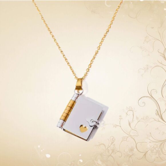 Stainless Steel Dual Gold & Silver Open Book Necklace Punched Heart - Picture 2 of 4